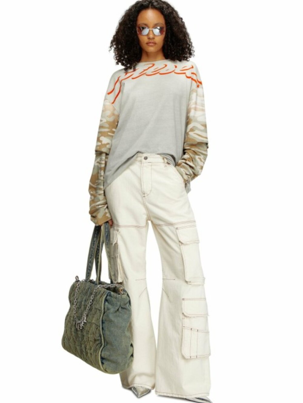DIESEL 1996 D-Sire Wide Leg Cargo Jeans Ecru White 26